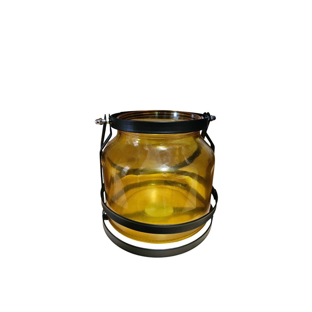 Amber Glass Jar Lantern Black‎ Metal Frame Handle Farmhouse Decor #379